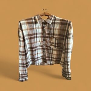 Self E Women’s Large Brown and Tan Plaid Long Sleeve Button Up Casual Shirt Top